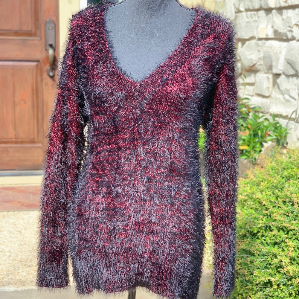 Rock & Republic Red Metallic/Black Fuzzy Sweater Gothic styled